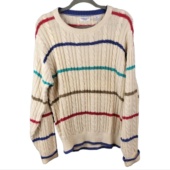 Vintage Other - VINTAGE Hathaway House Classic Cream Colorful Striped Thick Cable Knit Sweater